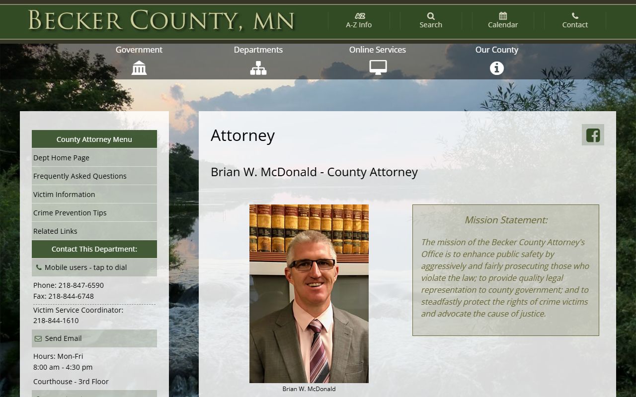 Becker County Attorney page with prosecution duties and office contact information