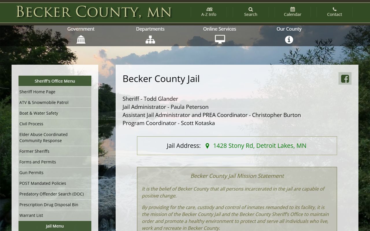 Becker County Jail official page with leadership and contact information